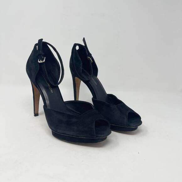 Rebecca Minkoff Ivy Peep Toe Pump Womens 8M Black Suede Ankle Strap Dressy Party - Picture 1 of 8